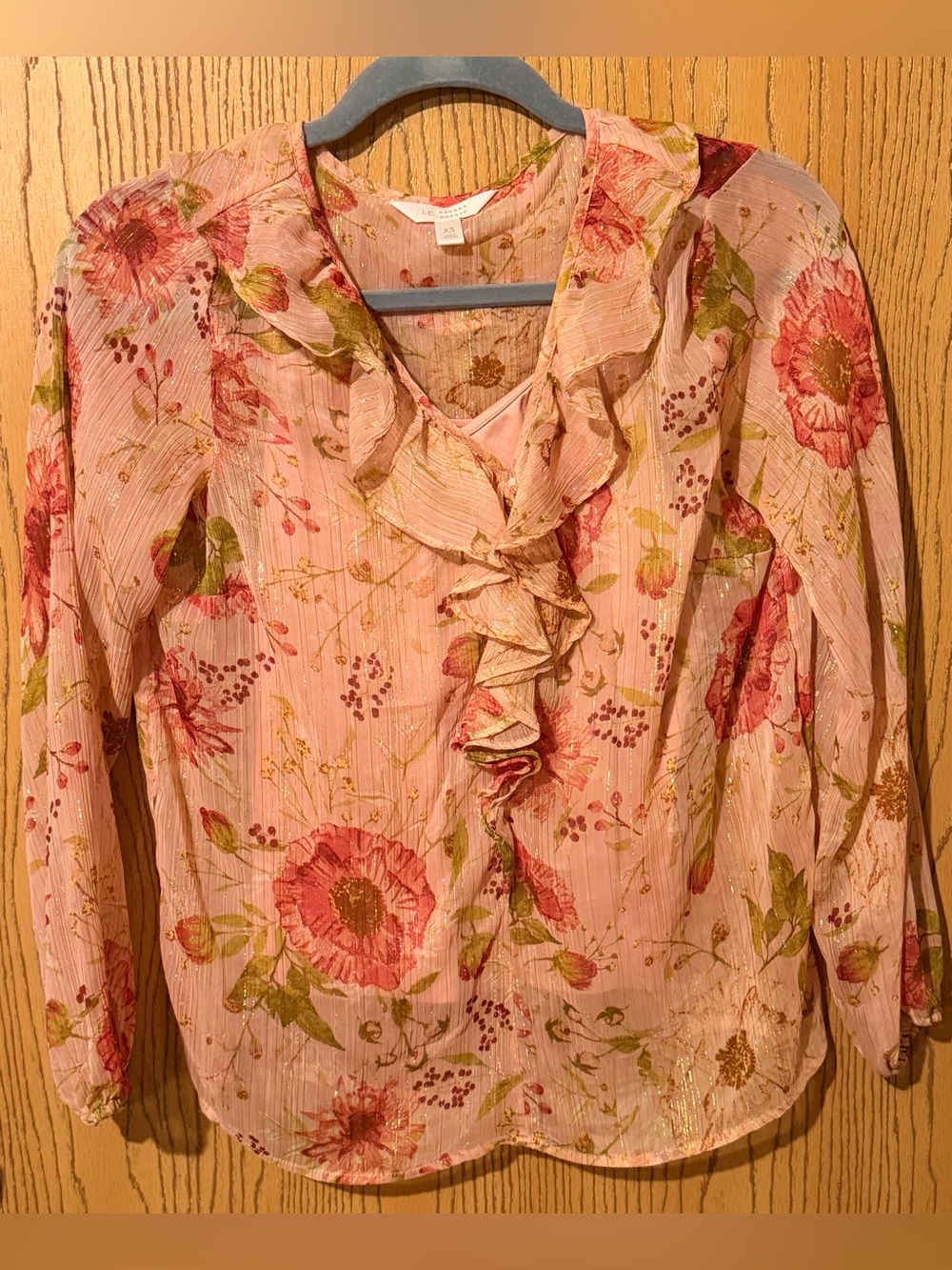 LC Lauren Conrad Pink Floral Ruffle V-Neck Blouse